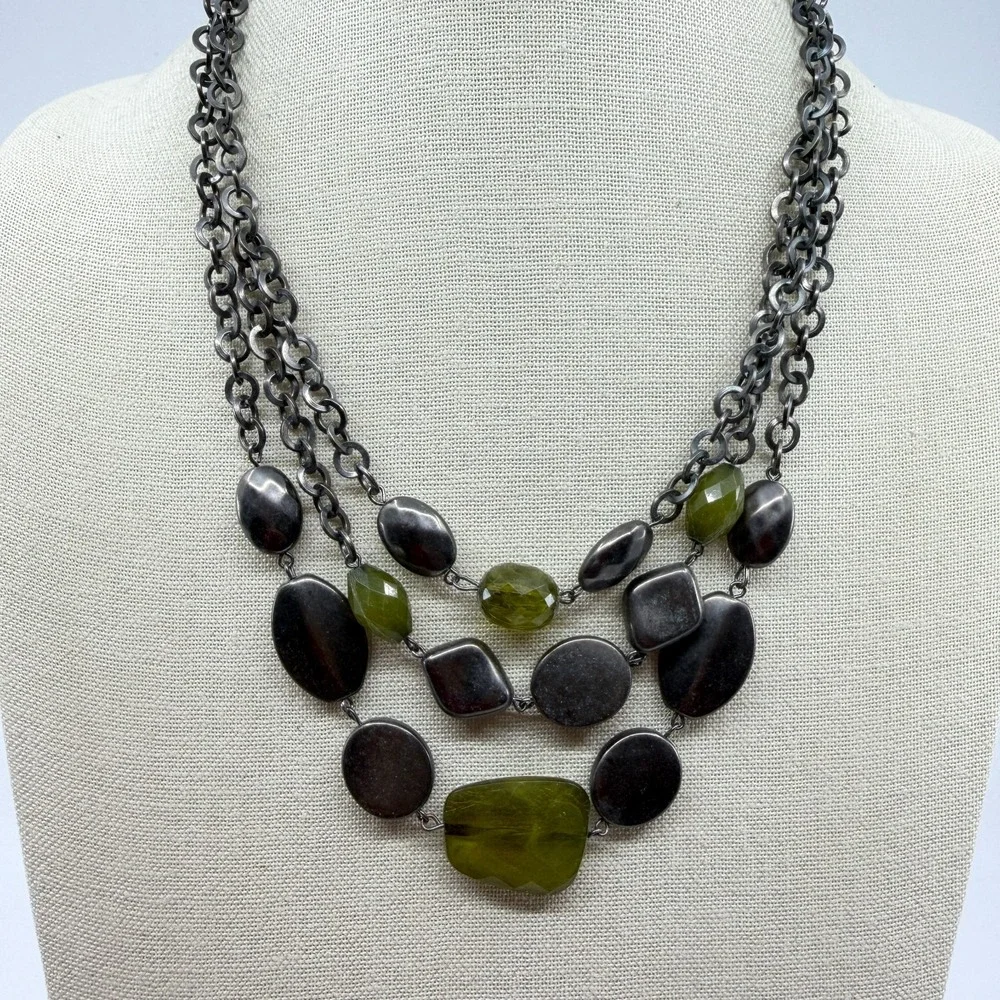 Green Faceted Bead Silver Tone Multi Strand Chunky Statement Bib Necklace Boho